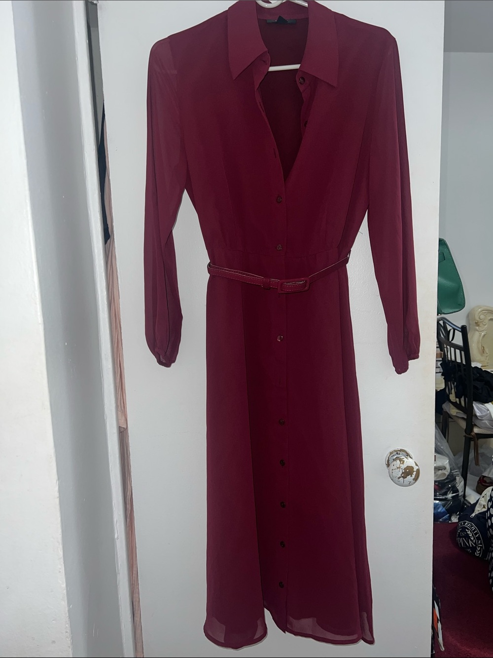 Alfani Belted Long-Sleeve Burgundy Button-Front Dress
